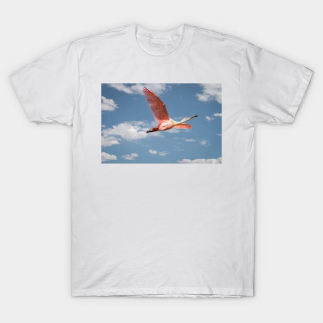 Roseate Spoonbill In Flight On A Beautiful Day T-Shirt by Debra Martz